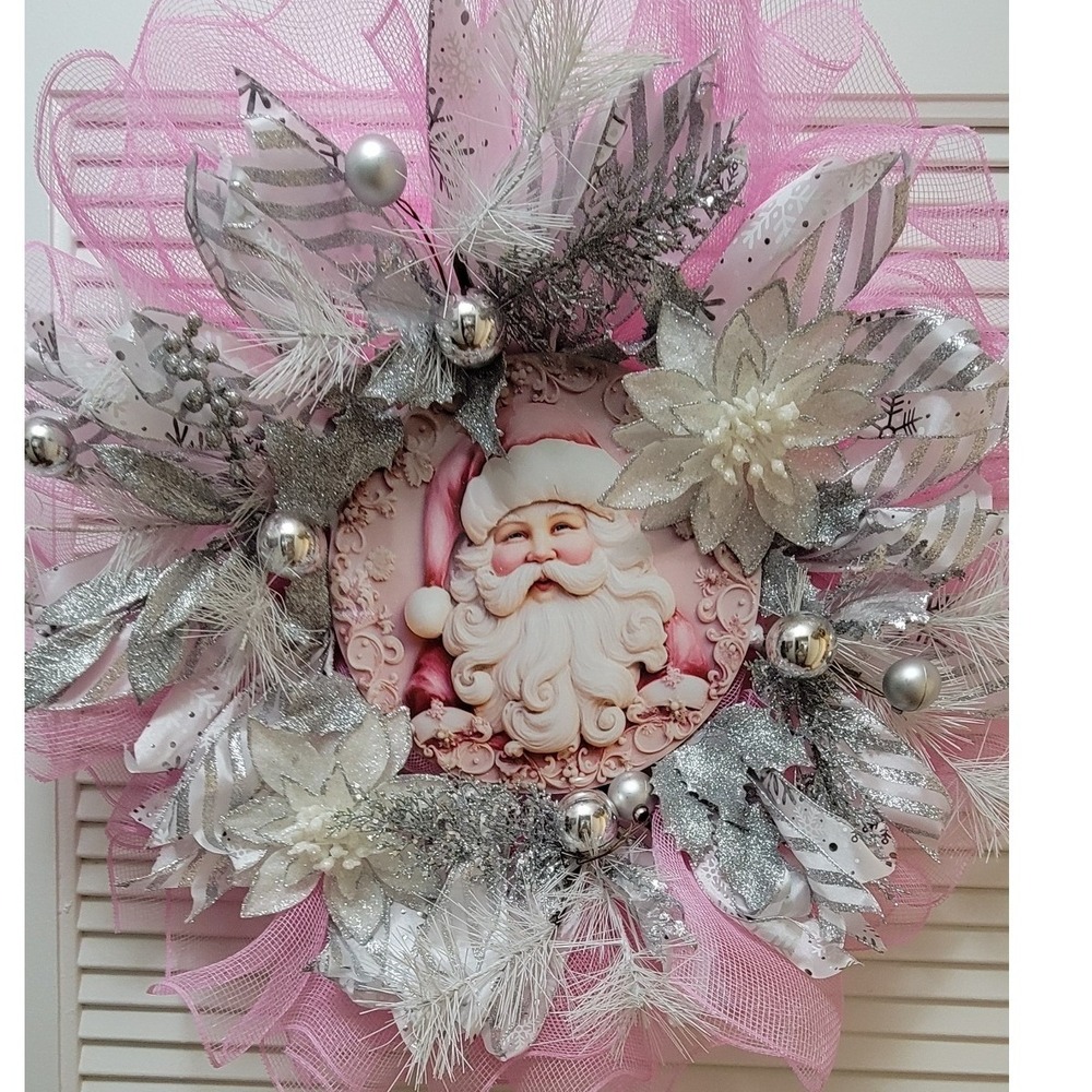 Pink silver Santa sparkle Christmas Wreath Glitter Deco Mesh Unique Decor 24in